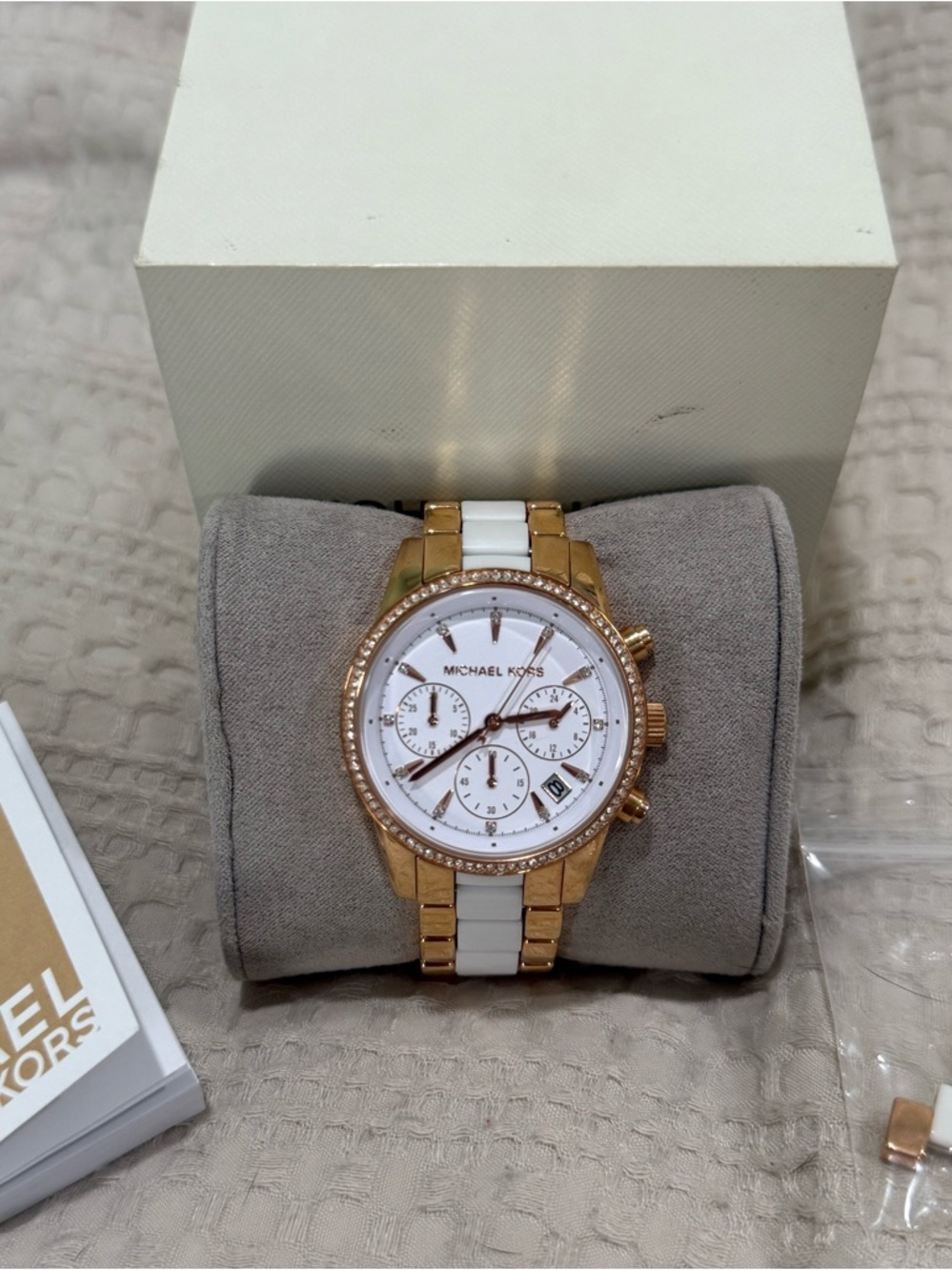 Michael Kors Women's Ritz Rose Gold-Tone and White Chronograph Watch